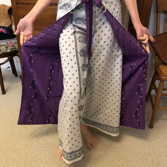 100% Silk Wrap Pants Purple/Cream-Grey - Picture 3 of 6